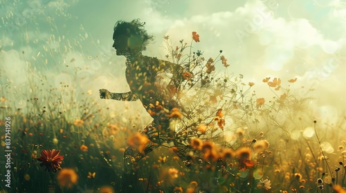 A woman runs through a field of flowers, her silhouette blending with the blossoming flora, evoking a sense of freedom and nature's embrace.