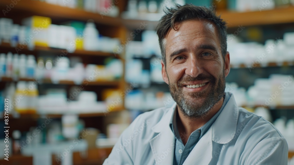 A man in a white lab coat is smiling and posing for a picture in a pharmacy. Concept of warmth and friendliness, as the man is happy and comfortable in his environment A man in a white lab coat is smiling and posing for a picture in a pharmacy. Concept of warmth and friendliness, as the man is happy and comfortable in his environment