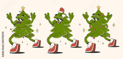 Christmas tree in trendy groovy style. Set of retro cartoon characters. Merry Christmas and Happy New Year vector Illustrations.