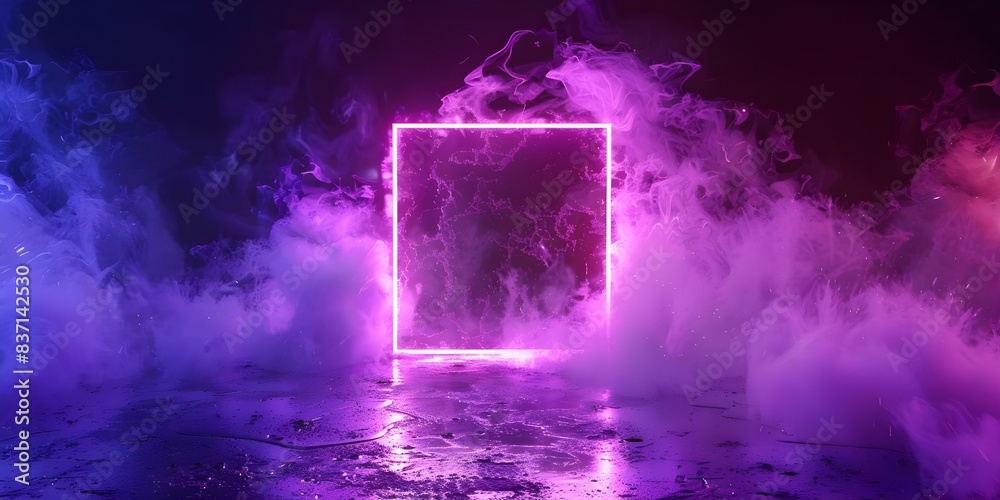 abstract ice illuminated with neon violet light square on dark. Concept Abstract, Ice, Illuminated, Neon Violet Light, Dark Background