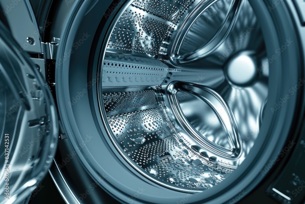 A blue washing machine with a silver interior. The door is open and the inside is visible. The machine is in a black background A blue washing machine with a silver interior. The door is open and the inside is visible. The machine is in a black background