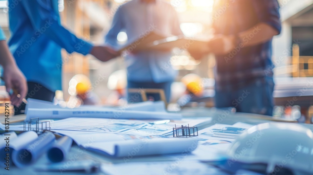 A meeting of project managers and engineers at a construction site, with plans and models, emphasizing the importance of coordination and communication. --ar 16:9 --style raw 