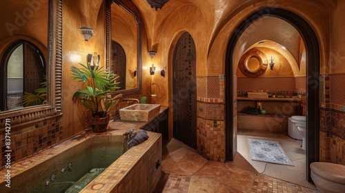 A Mediterranean-style bathroom with mosaic tiles, warm earth tones, and arched doorways. The design is vibrant and inviting. --ar 16:9 --style raw Job ID: a9eaf487-1119-4a41-981c-0721a9177899