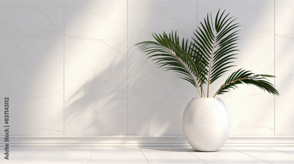 A white vase with a green plant in it sits on a white wall. The image has a calm and peaceful mood, with the plant and vase being the main focus A white vase with a green plant in it sits on a white wall. The image has a calm and peaceful mood, with the plant and vase being the main focus