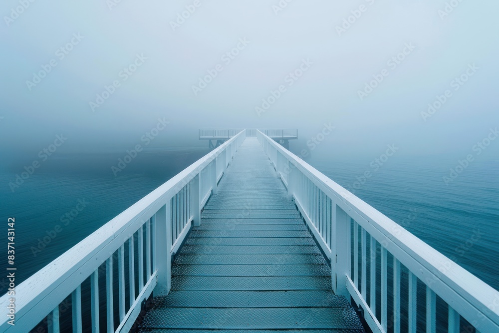 Fototapeta premium Foggy Pier into the Unknown - A serene pier stretches into the misty distance over calm waters, creating a sense of mystery and tranquility.