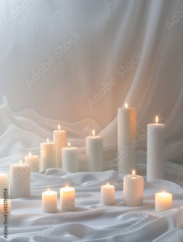 White candles in a half-frame layout with white draped fabric.