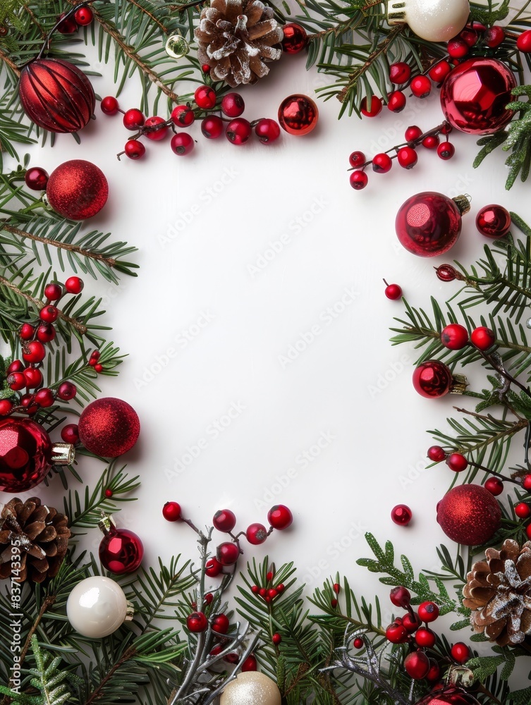 Holiday frame with red and gold decorations on a white background. Holiday frame with red and gold decorations on a white background.