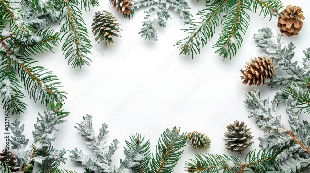 Seasonal Christmas wreath made of snowy evergreen branches and pinecones. Seasonal Christmas wreath made of snowy evergreen branches and pinecones.
