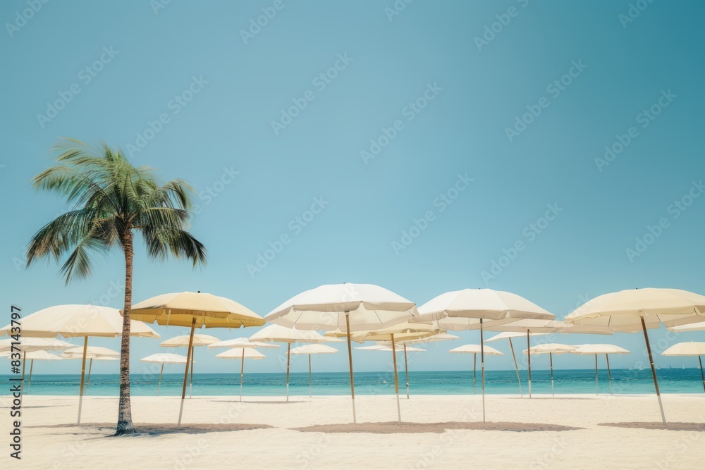 White umbrellas with palm trees on the beach and a clear blue sky. White umbrellas with palm trees on the beach and a clear blue sky.