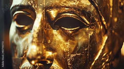 MYKINES, GREECE - OCT 27, 2013: The famous golden face cover of the king Agamemnon in the archaelogical museum of Ancient Mykines. photo