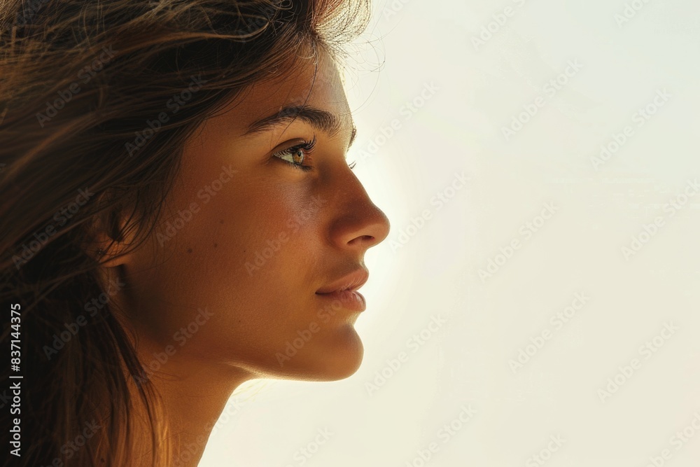 A woman with long hair and a green eye stares off into the distance. The image has a calm and serene mood, as the woman's gaze seems to be focused on something beyond the frame A woman with long hair and a green eye stares off into the distance. The image has a calm and serene mood, as the woman's gaze seems to be focused on something beyond the frame