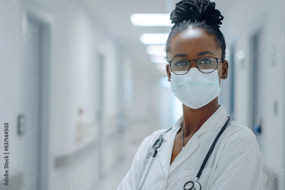 portrait of african young woman doctor in medical mask and stethoscope around his neck in center of white corridor of modern hospital portrait of african young woman doctor in medical mask and stethoscope around his neck in center of white corridor of modern hospital
