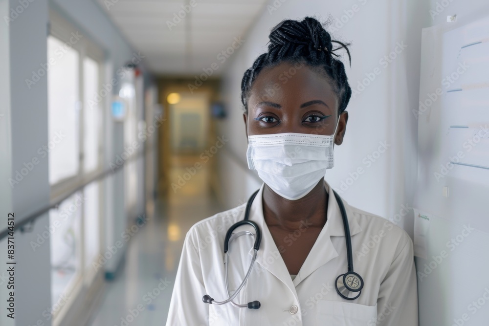 portrait of african young woman doctor in medical mask and stethoscope around his neck in center of white corridor of modern hospital portrait of african young woman doctor in medical mask and stethoscope around his neck in center of white corridor of modern hospital