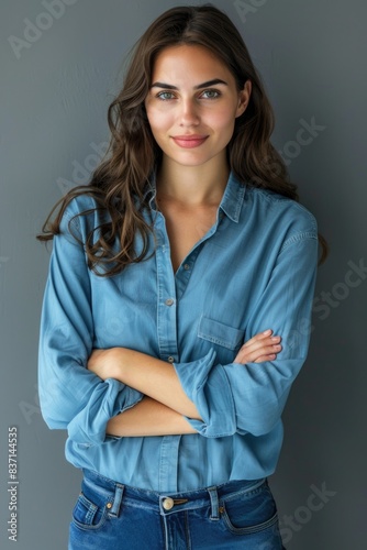 A woman in a blue shirt and jeans is posing for a picture. She has her arms crossed and is smiling