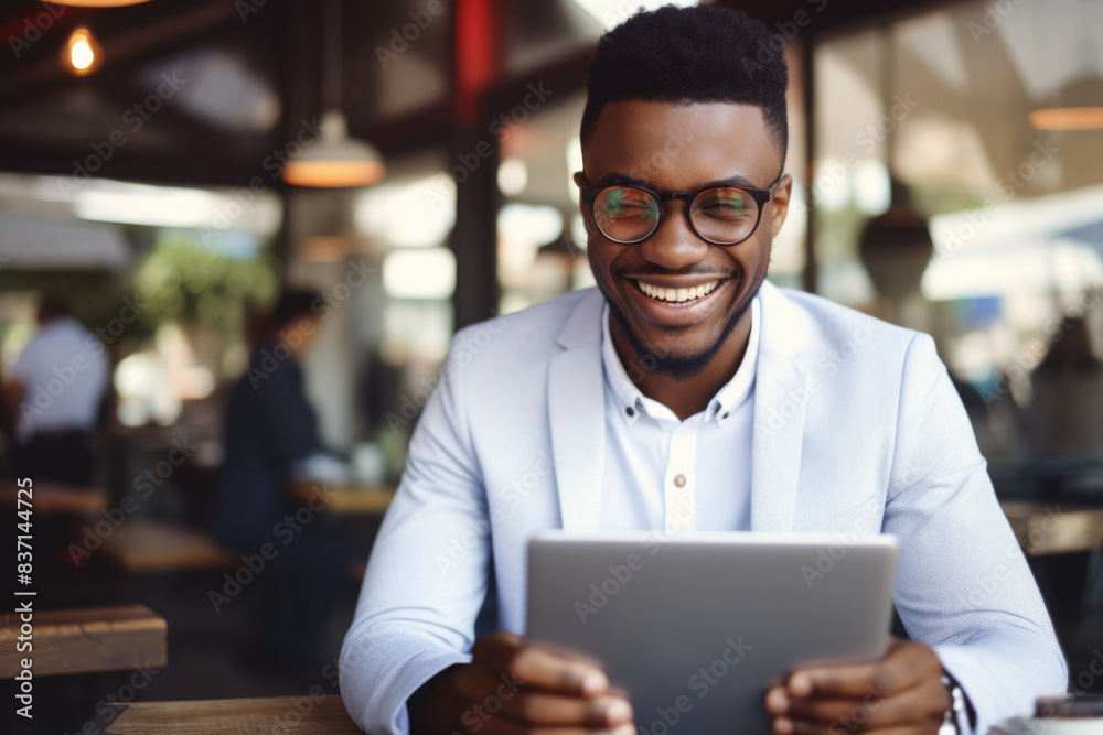 A man wearing a suit and glasses is smiling while holding a tablet. He is enjoying his time at a cafe A man wearing a suit and glasses is smiling while holding a tablet. He is enjoying his time at a cafe