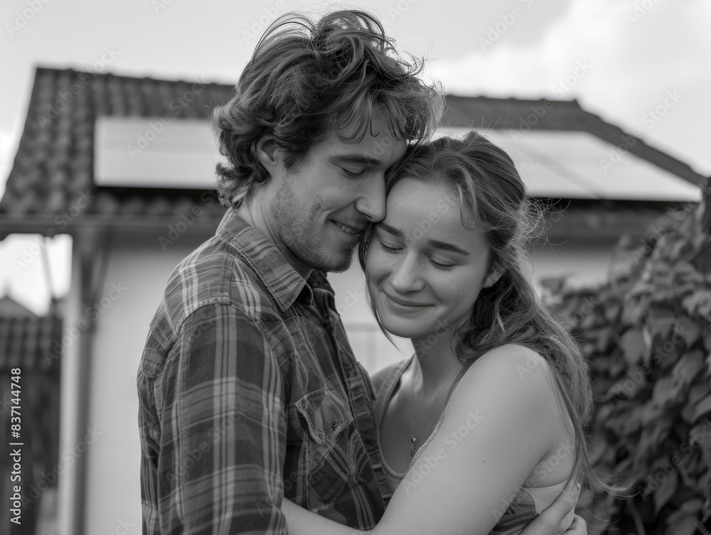 A man and woman hug each other in front of a house. The man is wearing a plaid shirt and the woman is wearing a tank top. They are both smiling and seem to be enjoying each other's company A man and woman hug each other in front of a house. The man is wearing a plaid shirt and the woman is wearing a tank top. They are both smiling and seem to be enjoying each other's company