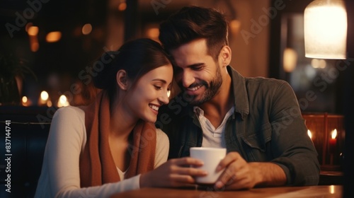 A couple is sitting at a table with a cup of coffee between them. They are smiling and seem to be enjoying each other s company