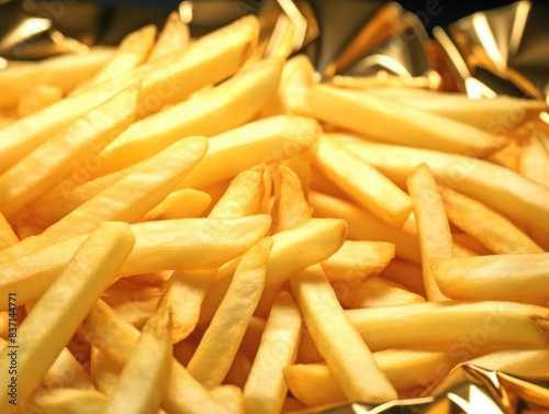 A pile of golden french fries on a foil. The foil is shiny and reflective