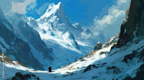 A painting of a snowy mountain with a person walking on it. The mood of the painting is serene and peaceful photo