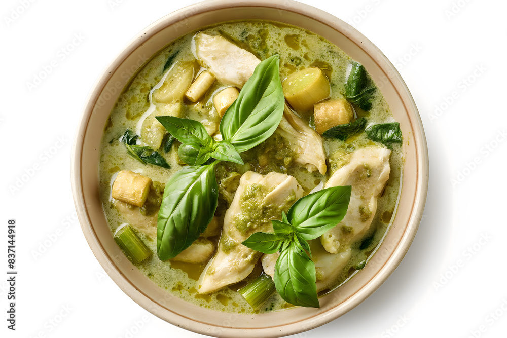 Authentic Green Curry Chicken with Basil in a Bowl Authentic Green Curry Chicken with Basil in a Bowl