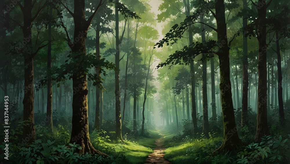 Obraz premium : A serene landscape painting using varying shades of green, evoking the tranquility of a lush forest ai_generated