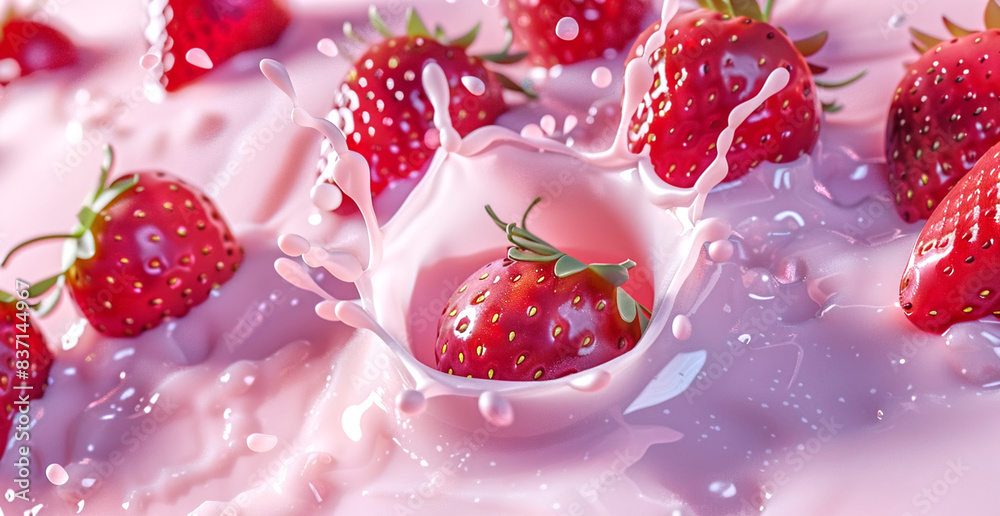 A splash of pink milk with strawberries floating in it A splash of pink milk with strawberries floating in it