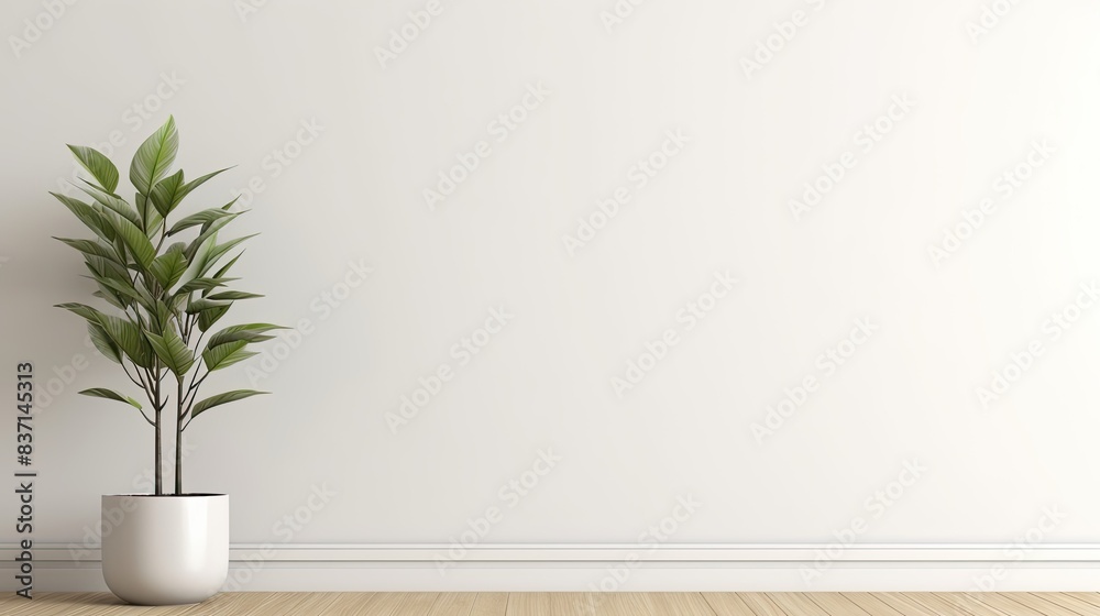 Fototapeta premium Minimalist Interior Design Featuring a Palm tree Plant and Sunlight Streaming Across a White Wall