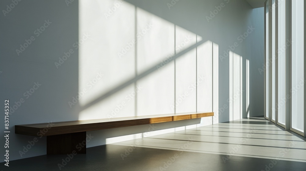 A bench is in a room with a lot of windows. The room is very empty and the bench is the only piece of furniture A bench is in a room with a lot of windows. The room is very empty and the bench is the only piece of furniture