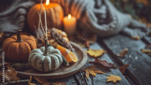 A table with a plate of food and a pumpkin on it. The table is covered in autumn leaves and the pumpkin is surrounded by candles