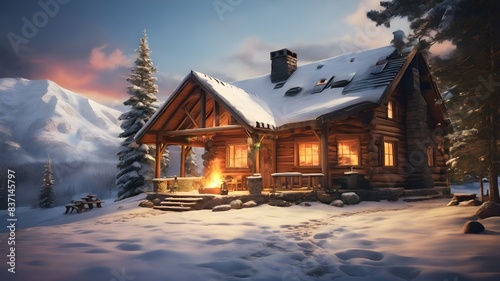Wooden house in a snowy landscape and adorned with Christmas lights. © DesignRevel