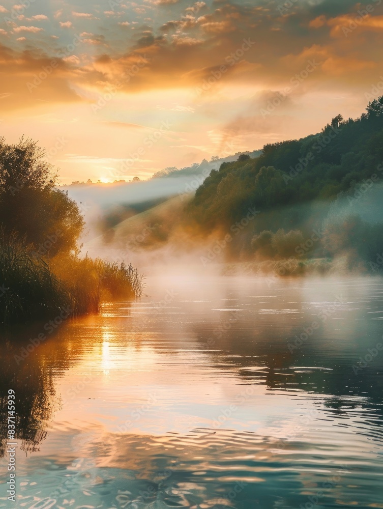 A beautiful lake with a sun setting in the background. The water is calm and still, reflecting the orange and pink sky. The scene is serene and peaceful