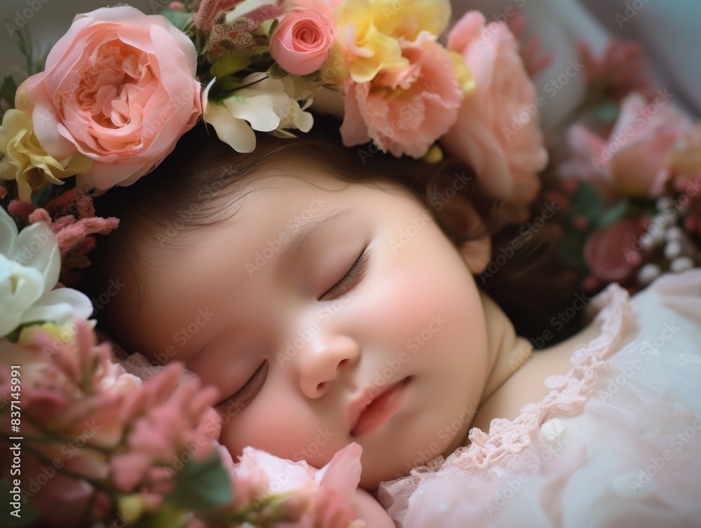 A baby is sleeping in a bed with a flowery headband. The bed is covered in pink flowers and the baby is wearing a pink dress. Concept of innocence and warmth