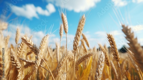 A field of golden wheat with a clear blue sky in the background