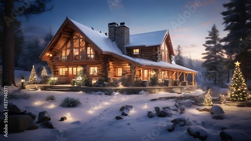 Wooden house in a snowy landscape and adorned with Christmas lights.