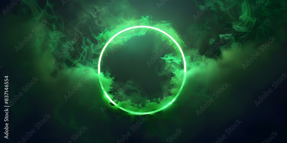 abstract fireworks illuminated with neon green light ring on dark. Concept Fireworks Photography, Neon Green Light, Abstract Illustration, Dark Background, Special Effects