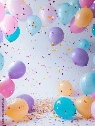 Colorful balloon arrangement with scattered confetti for a birthday