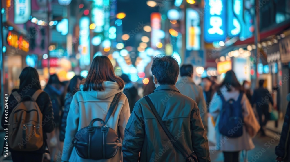 A back view of people walking in street at night A back view of people walking in street at night