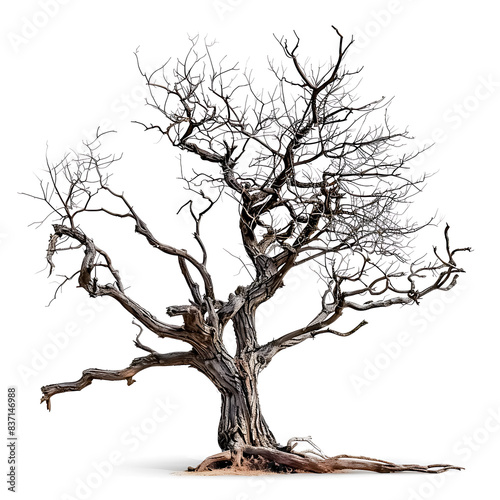 Isolated Leafless Tree on White Background - Detailed Image of a Bare Tree with Twisted Branches and Exposed Roots