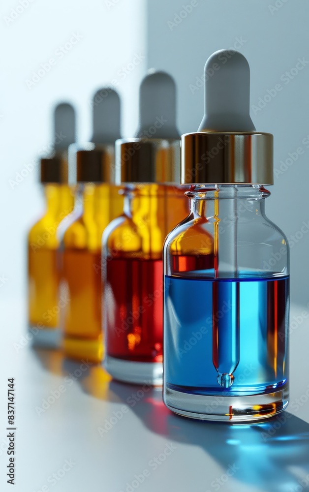 Four glass dropper bottles with colorful liquids in a row against a white background. Four glass dropper bottles with colorful liquids in a row against a white background.