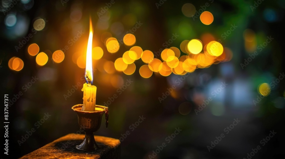 A candle is lit in a small holder A candle is lit in a small holder