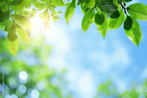 A leafy tree with a bright blue sky in the background. The leaves are green and the sky is clear