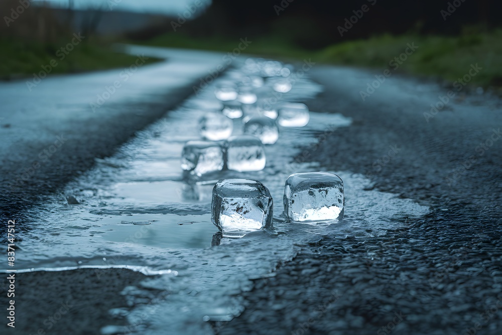 Road with melting ice puddle and clear cubes, transitioning from cold to warmth Road with melting ice puddle and clear cubes, transitioning from cold to warmth