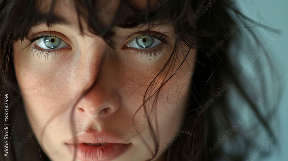 Close-up of a brunette shot in bright light, her face and eyes radiate brightness and vigor, drawing attention to her beauty. Close-up of a brunette shot in bright light, her face and eyes radiate brightness and vigor, drawing attention to her beauty.