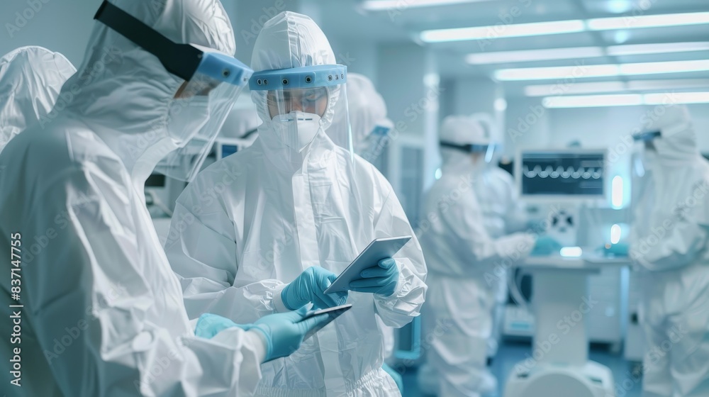 Doctors in PPE and face shields using tablets for medical records in a laboratory. Doctors in PPE and face shields using tablets for medical records in a laboratory.