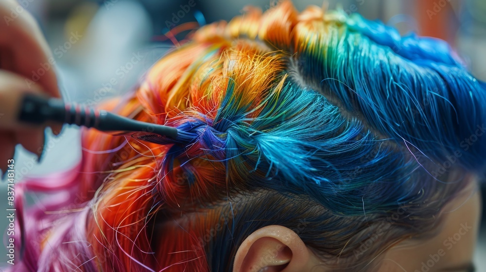 Naklejka premium Hair stylist applying vivid, rainbow colors to a client's hair