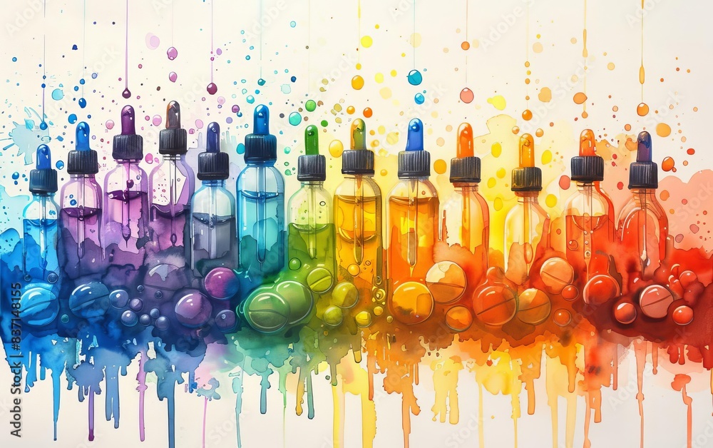 Rainbow of colorful bottles with droppers and paint splatters.