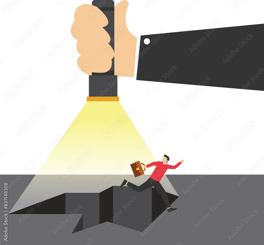 Fototapeta premium Man is escaping the pit, Risk off. Insurance.early warning.
