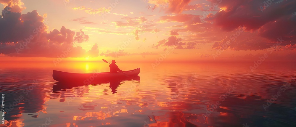 Silhouette of a person in a canoe on a calm lake at sunset. Silhouette of a person in a canoe on a calm lake at sunset.