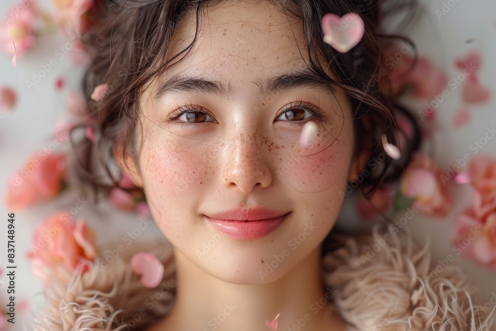 a cute Asian girl with wavy hair, set against a background filled with hearts. Perfect for Valentine's Day or wedding themes, this image captures the essence of love and romance. a cute Asian girl with wavy hair, set against a background filled with hearts. Perfect for Valentine's Day or wedding themes, this image captures the essence of love and romance.