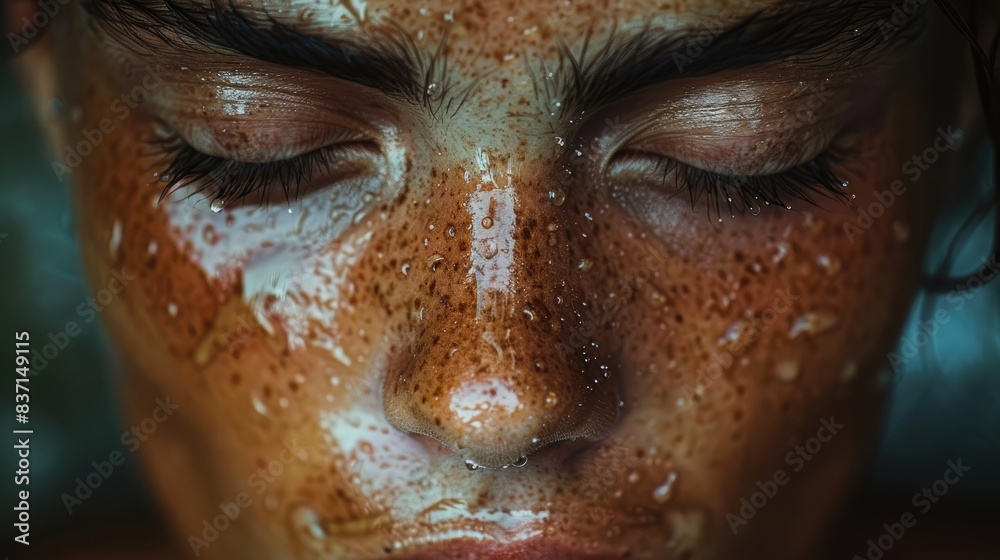 Close-up of a person with a tear-streaked face, looking down with a somber expression, highlighting the emotional weight of depression Close-up of a person with a tear-streaked face, looking down with a somber expression, highlighting the emotional weight of depression